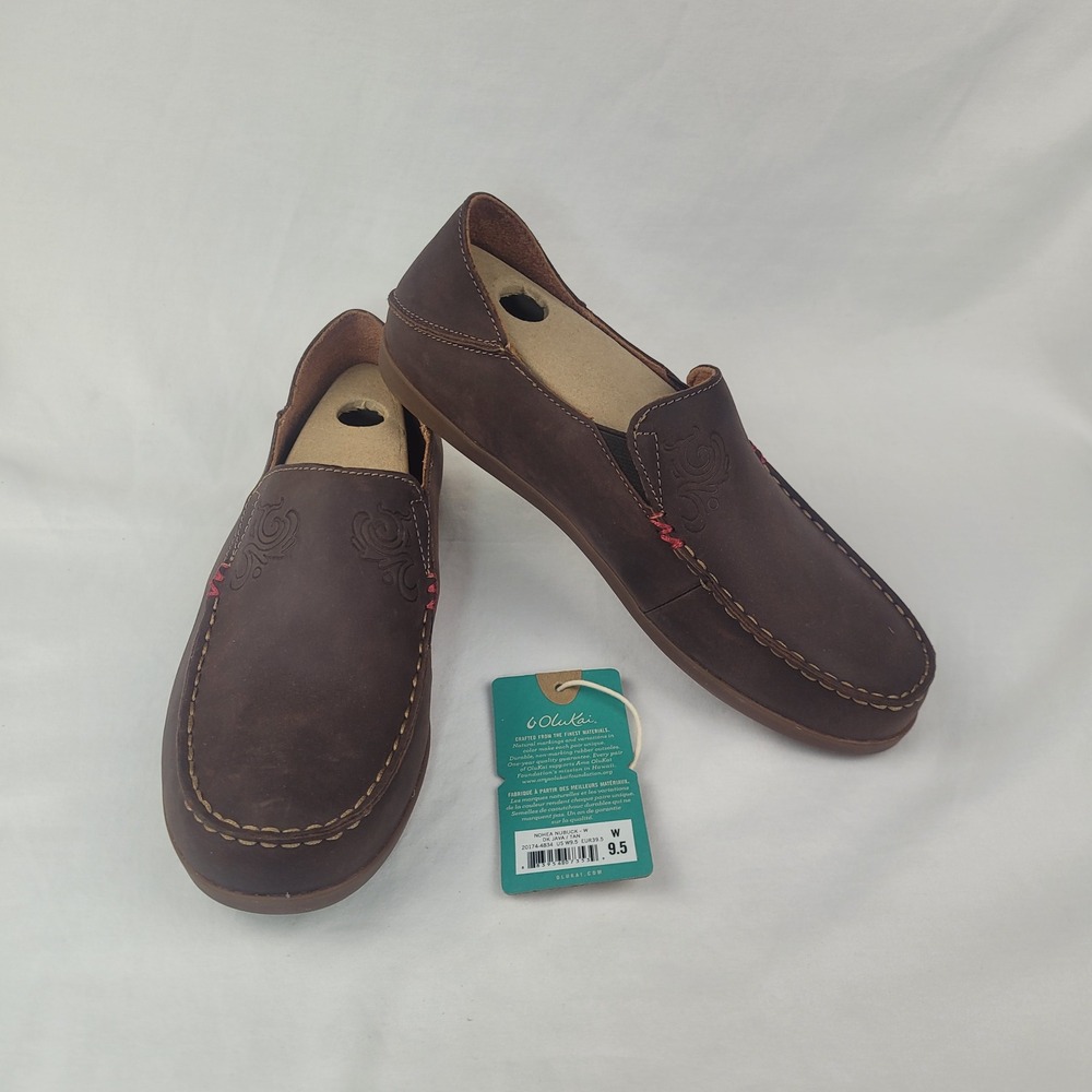 OluKai Nohea Nubuck Women 9.5 Dark Java Tan Slip On Loafers NEW